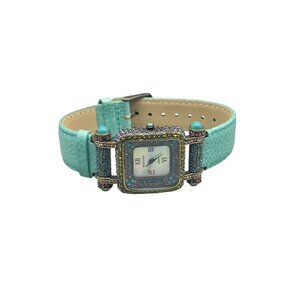 Heidi Daus Square Crystal Watch w Turquoise Green Leather Band & Roman Numerals